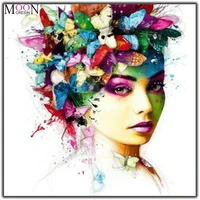 mooncresin diy diamond painting cross stitch woman with butterfly flowers diamond mosaic round 5d diamond embroidery decoration