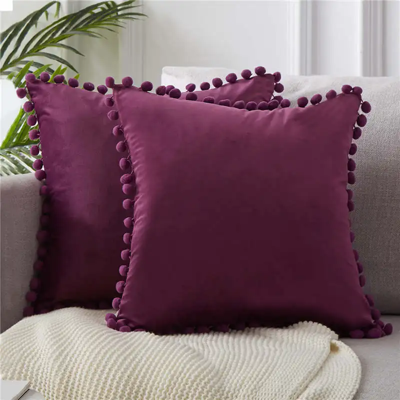 Dark Purple-Set of 2 Topfinel мягкое бархатное покрытие для подушки, наволочка для подушки, роскошные квадратные декоративные подушки с шариками для дивана, кровати, автомобиля, подушки для дома - Цвет: Dark Purple-Set of 2