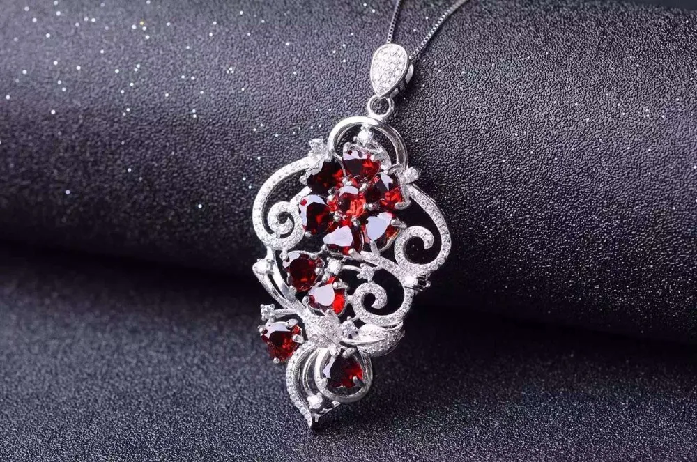 

natural red garnet stone pendant S925 silver Natural gemstone Pendant Necklace trendy big long women party fine jewelry