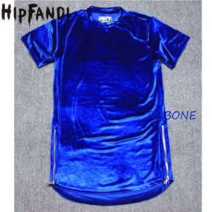 HIPFANDI уличная велюровая Мужская футболка 2018 летняя Новинка Хип-Хоп футболка с коротким рукавом плюс размер бархатная футболка на молнии с изогнутым подолом