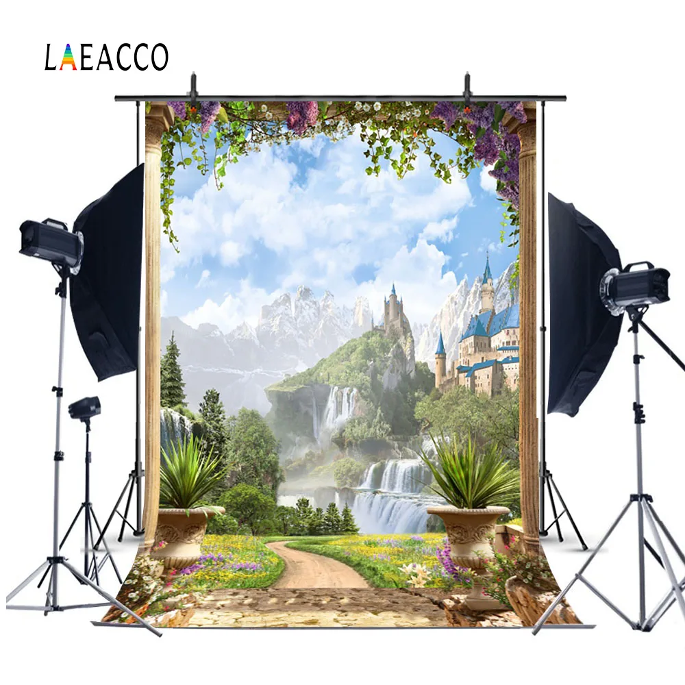 Фоны Laeacco для детской фотосъемки с изображением гор замка цветов сада арки|backgrounds