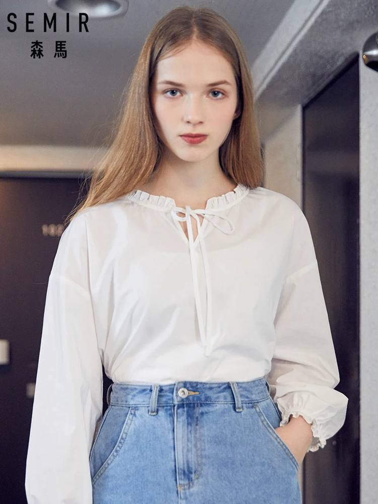 Женская блузка с рюшами SEMIR из 100% хлопка длинными рукавами воротником-оборкой и
