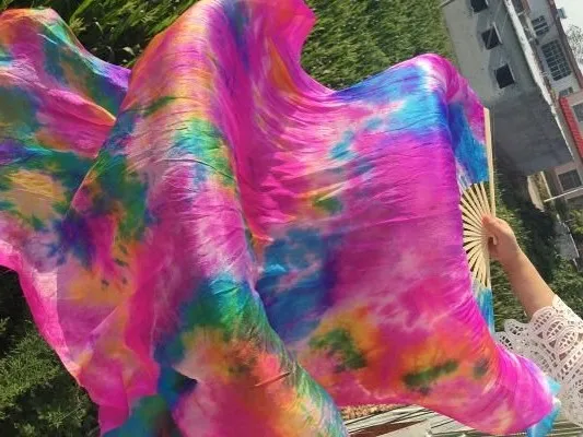 1 Pair(L+R) Belly Dance Silk Fan Veil Worship Art Bamboo Long Fans Tie Dyed Flower 47&quot/59&quot/71&quot/83&quot Free Shipping |