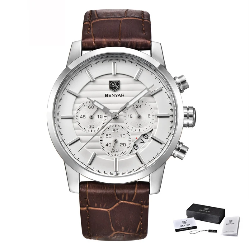 Reloj Hombre BENYAR модные мужские часы брендовые Роскошные бизнес-часы с хронографом спортивные Кварцевые водонепроницаемые часы Relogio Masculino - Цвет: L silver white B