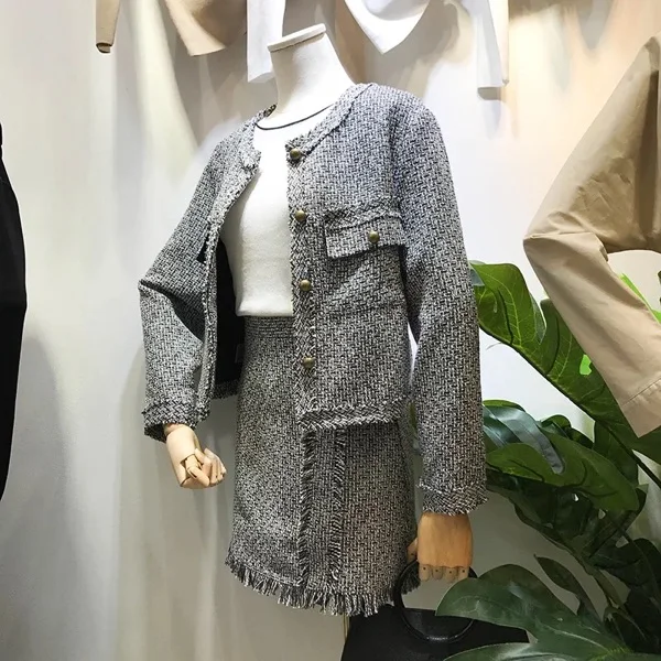 ZAWFL высокое качество новые модные женские костюмы с длинным рукавом Элегантный твидовый пиджак и юбка комплект из двух предметов