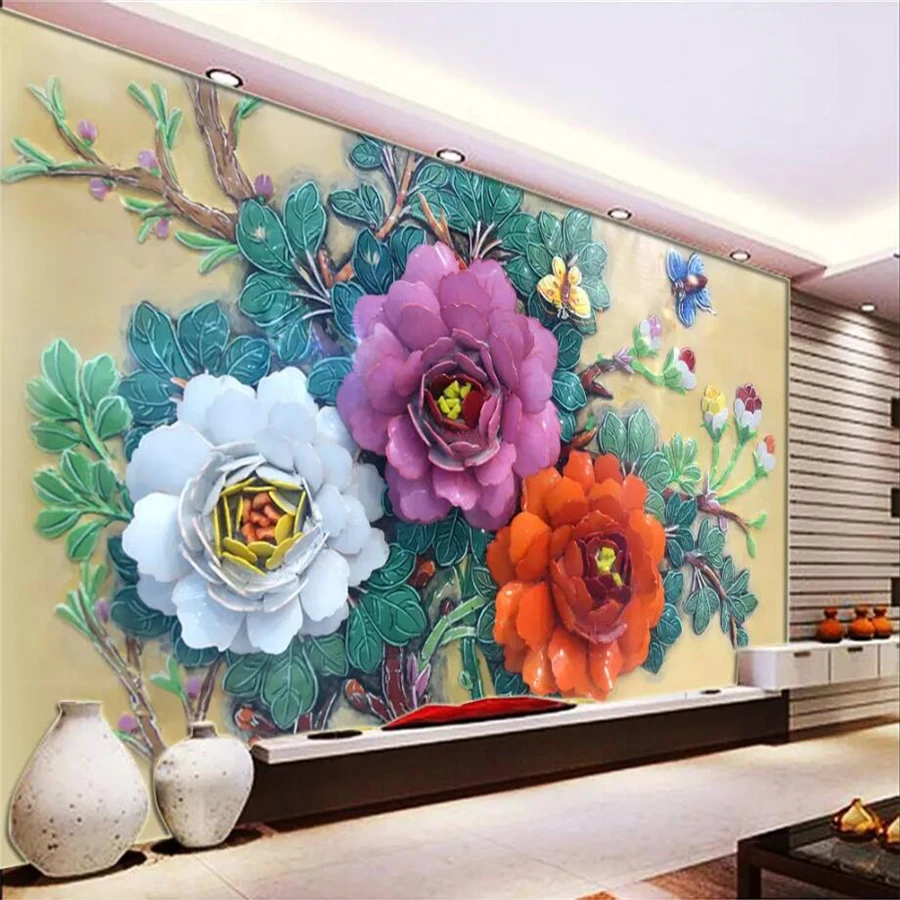 

beibehang Customized large wallpaper 3d new Chinese embossed peony flower blooming mural living room TV background wall paper