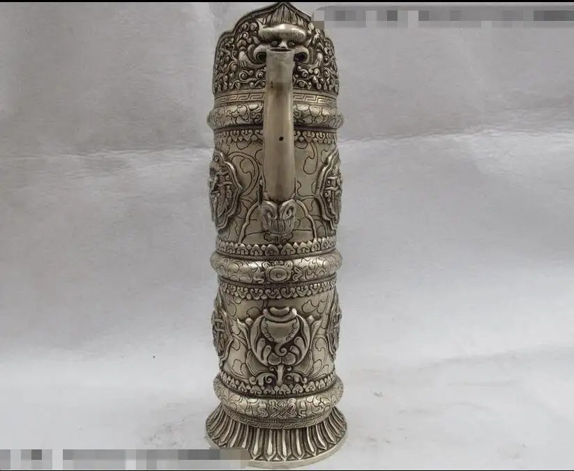 Tibet White Copper Bronze Silver Eight treasures Dragon Lion Flagon wine pot | Дом и сад