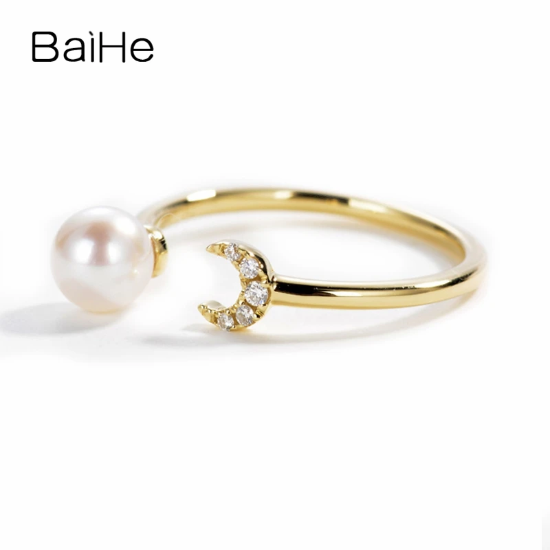 BAIHE Solid 14K желтое золото 5 мм безупречный пресноводный жемчуг для помолвки женские