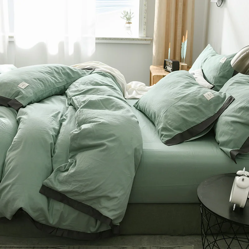 3 4pcs Washed Cotton Brief Style Green Solid Fashion Bedding Sets Duvet Cover Flat Fitted Bed Sheet Pillowcase Home Use Soft | Дом и сад