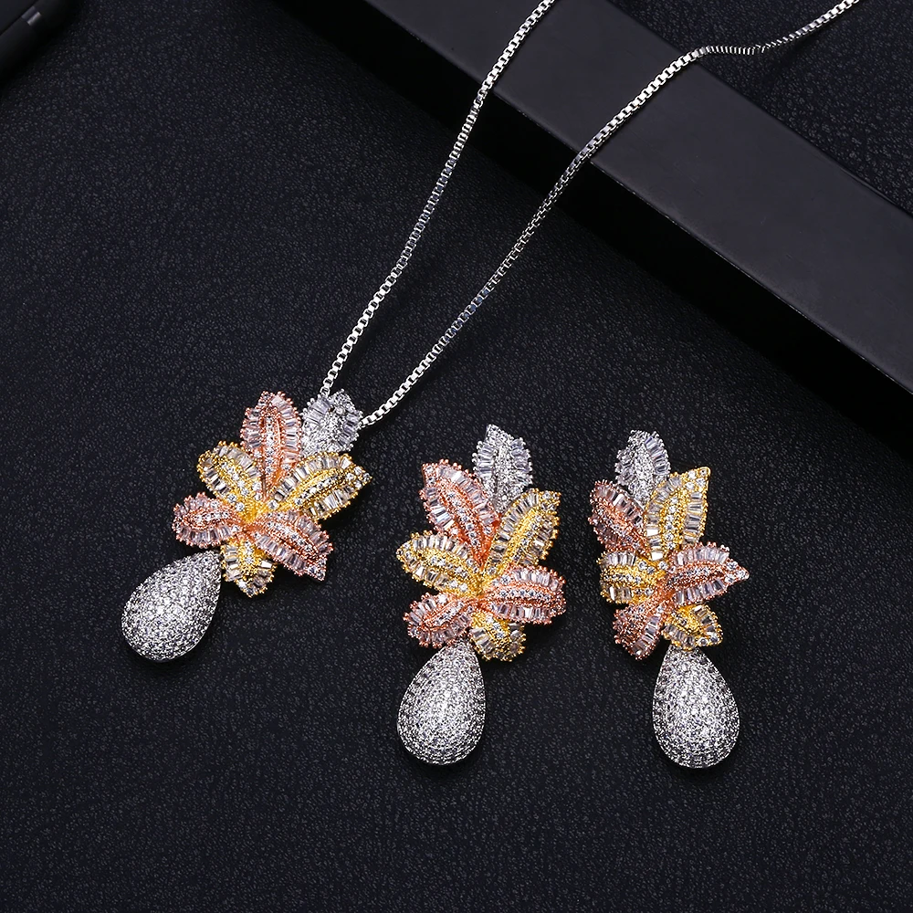 JANEKELLY Luxury Pineapple Water Drop Women Wedding Cubic Zirconia Choker Necklace Earring Dubai Jewelry Set Jewellery Addict P | Украшения