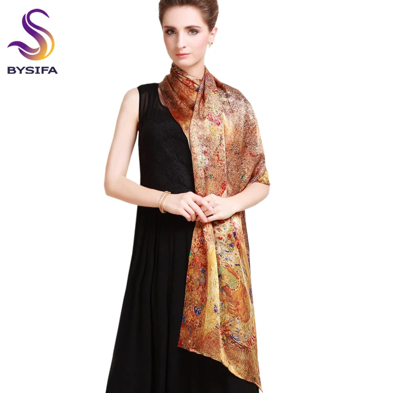 Женский длинный шелковый шарф накидка золотистый или коричневый Шелковый с