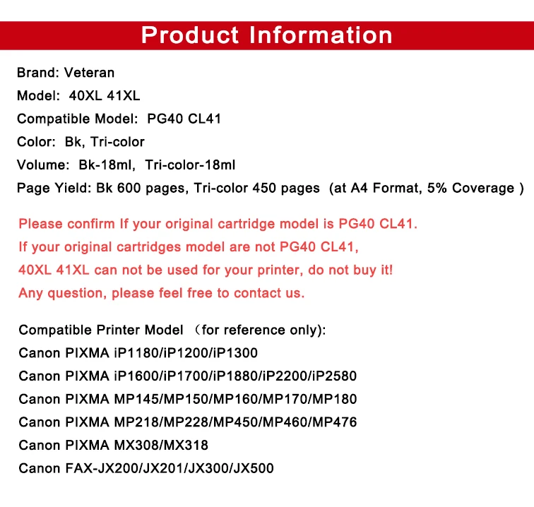 Чернильный картридж Veteran PG40 CL41 совместимый для Canon pg 40 cl 41 PIXMA iP1800 iP1200 iP1900 iP1600 MX300 MX310