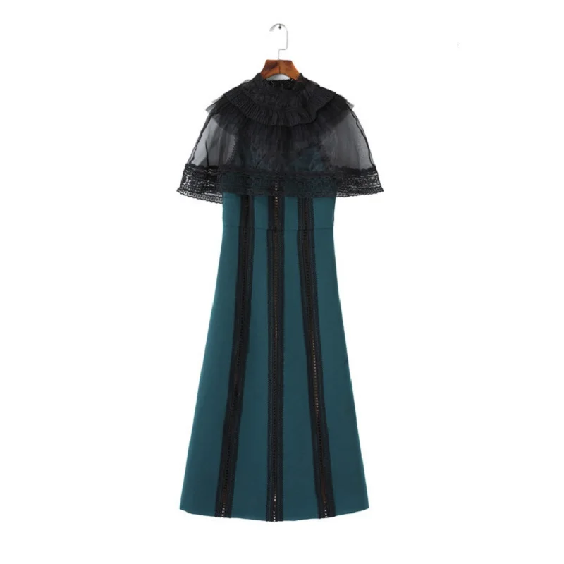 2018 Summer Autumn Elegant Patchwork Mesh Ruffles Midi Dress Women Runway Designer See Through Lace Long Party Dresses Clothes | Женская