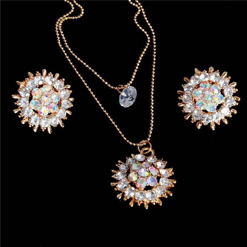 

Topkeeping Brand Women Fashion Jewelry Flower Shape Colorful Shining Rhinestone Pendants Necklace Earrings Zircon Jewelry Sets