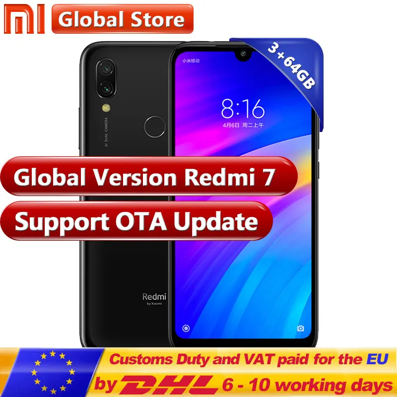 Глобальная версия Xiaomi Redmi 7 3 GB 64 RAM ROM мобильный телефон Восьмиядерный 12MP Snapdragon 632 6