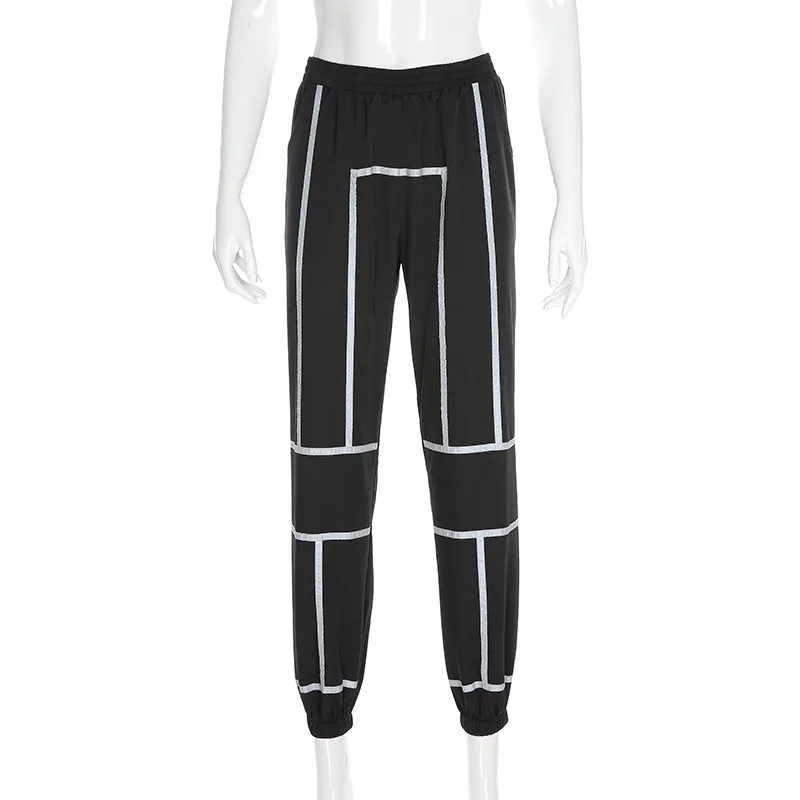 Высокая талия Светоотражающие Брюки женские черные Jogger сшивание