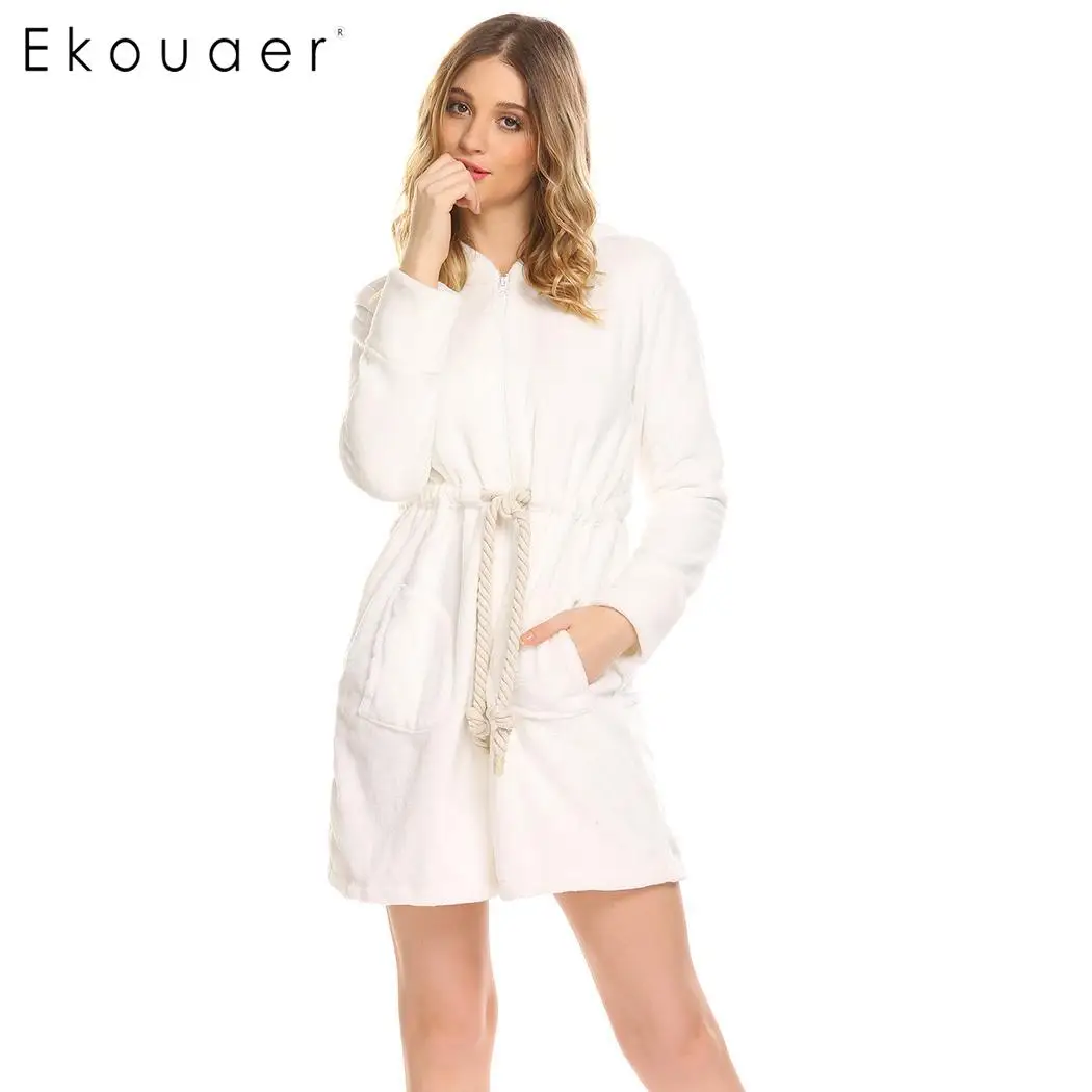 Ekouaer, женский халат, Пижама, зимний теплый халат, халат, Повседневный, с капюшоном, с длинным рукавом, на молнии, халаты, одежда для дома