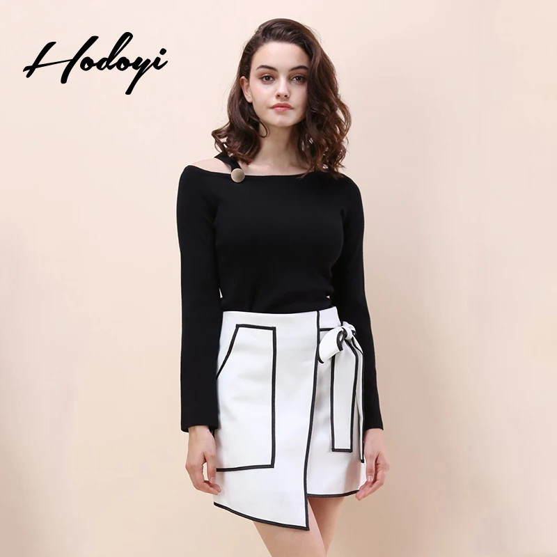 Hodoyi Новые однотонные черные Асимметричная Для женщин свитер с круглым вырезом