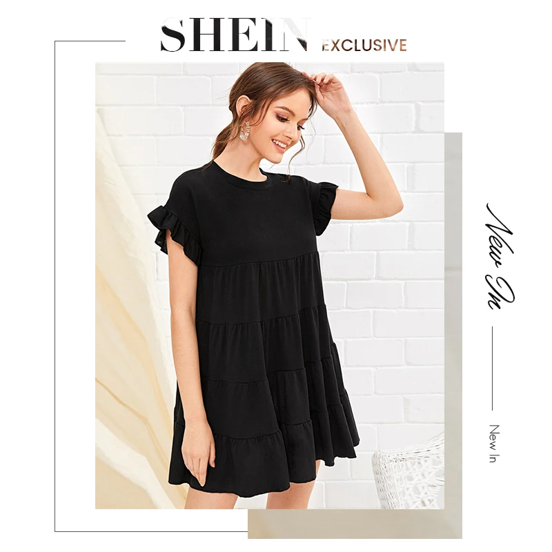 SHEIN черное однотонное платье с рюшами, женское летнее платье с круглым вырезом и высокой талией, Дамское короткое платье, свободное милое платье трапециевидной формы