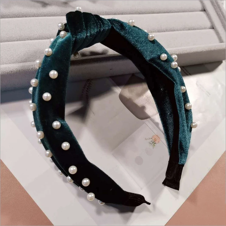 Navy Blue Бархатная повязка для волос для женщин, ободок, аксессуары для волос, роскошные повязки для головы с жемчугом, корейский стиль, модный головной убор, VERVAE - Color: Navy Blue