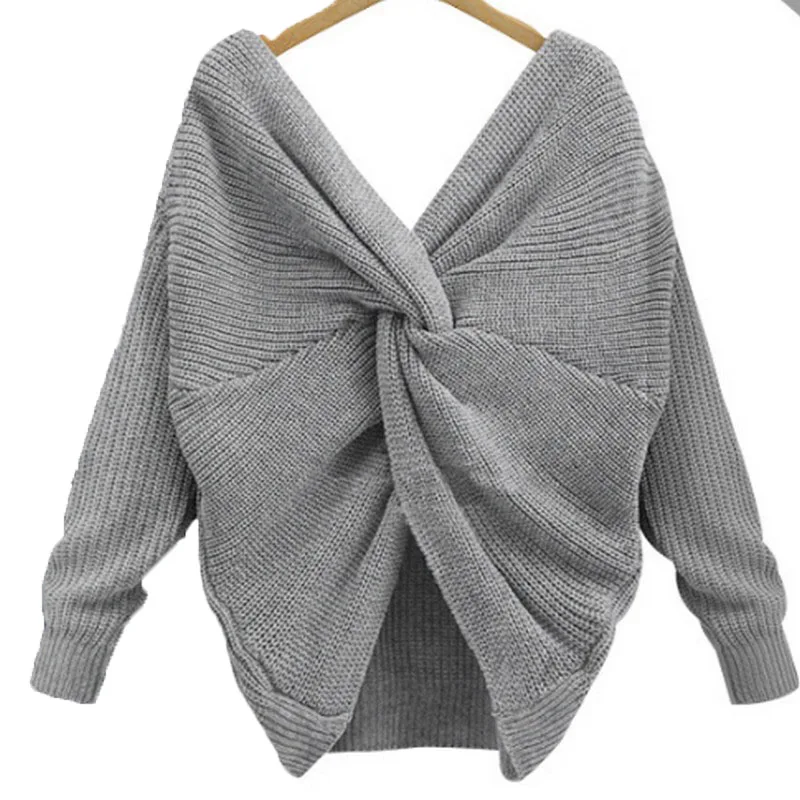 Fashion Solid Color V-neck Open Back Women's Sweater Irregular Cross Knotting Woman Winter 2019 Office Ladies | Женская одежда