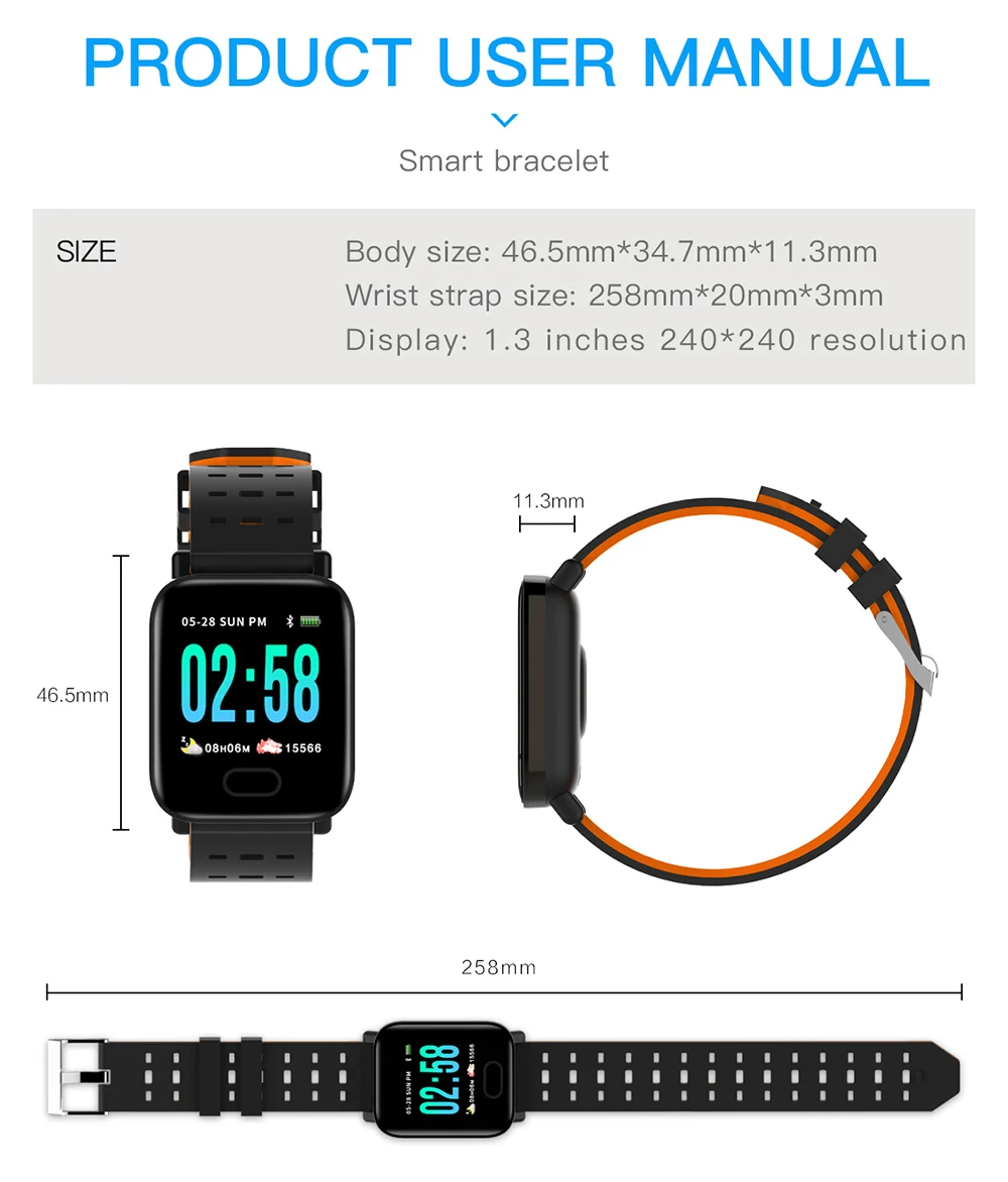 Водонепроницаемый Smart Часы Bluetooth монитор сердечного ритма крови Давление Фитнес