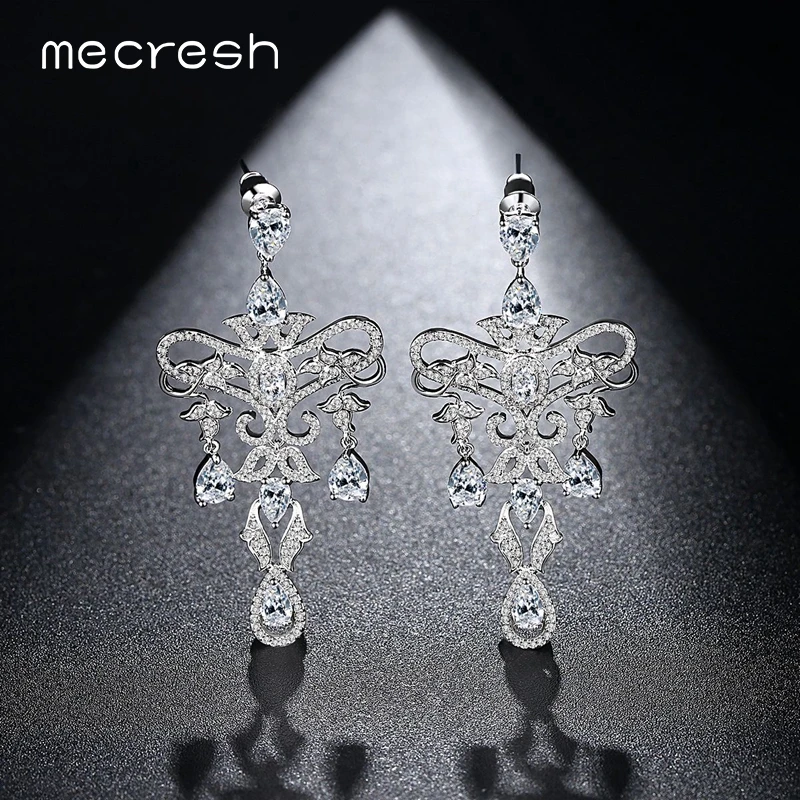Mecresh Korea Style White Gold Color Large Statement Earrings for Women CZ Chandelier Wedding Dangle Drop Female EH1076 | Украшения и