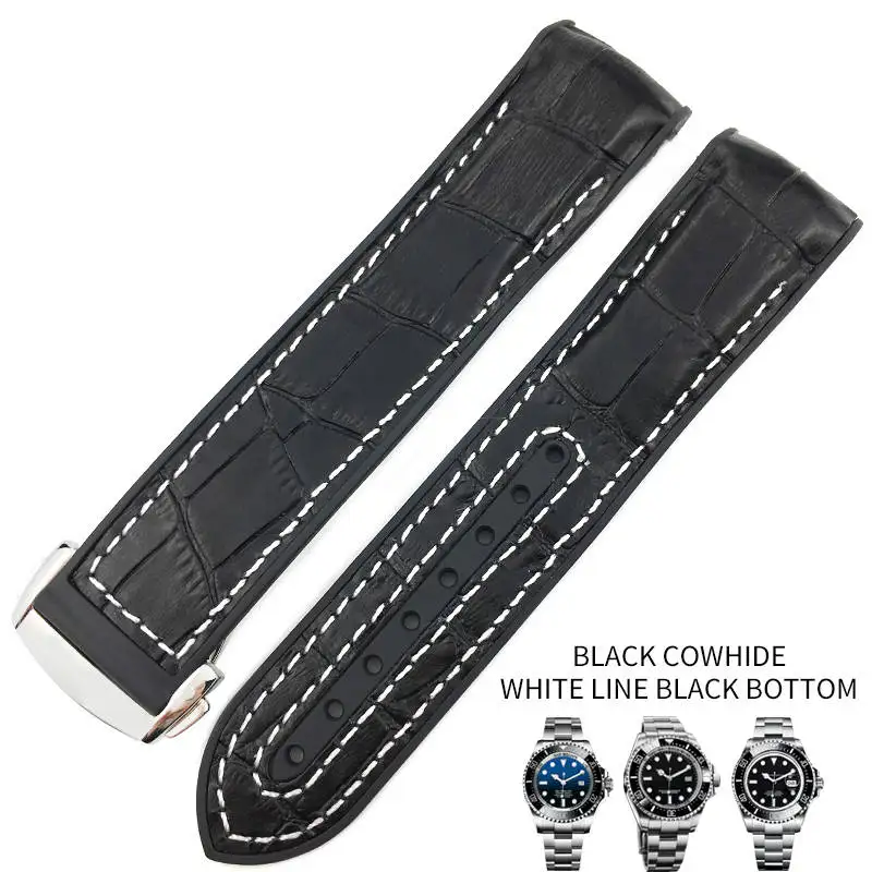 black leather white 20 мм 21 мм резиновый силиконовый ремешок для часов с нейлоновым ремешком для роля Daytona Submariner DEEPSEA GMT SEAMARSTER 8900 часы - Цвет ремешка: black leather white