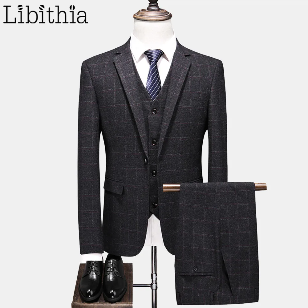 Libithia Men Plaid Casual Suits Autumn 2019 High Quality Blazer Vest Pant Dark Grey 3 Pieces A64