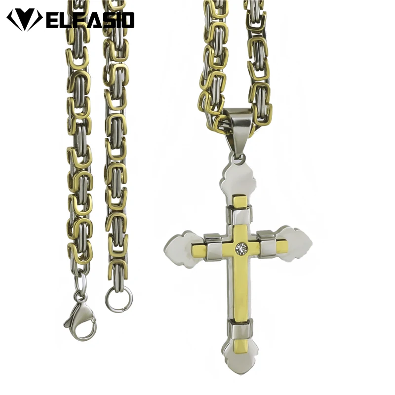 Elfasio Мужская цепочка из нержавеющей стали 2 слоя Рыцарский крест серебро золото