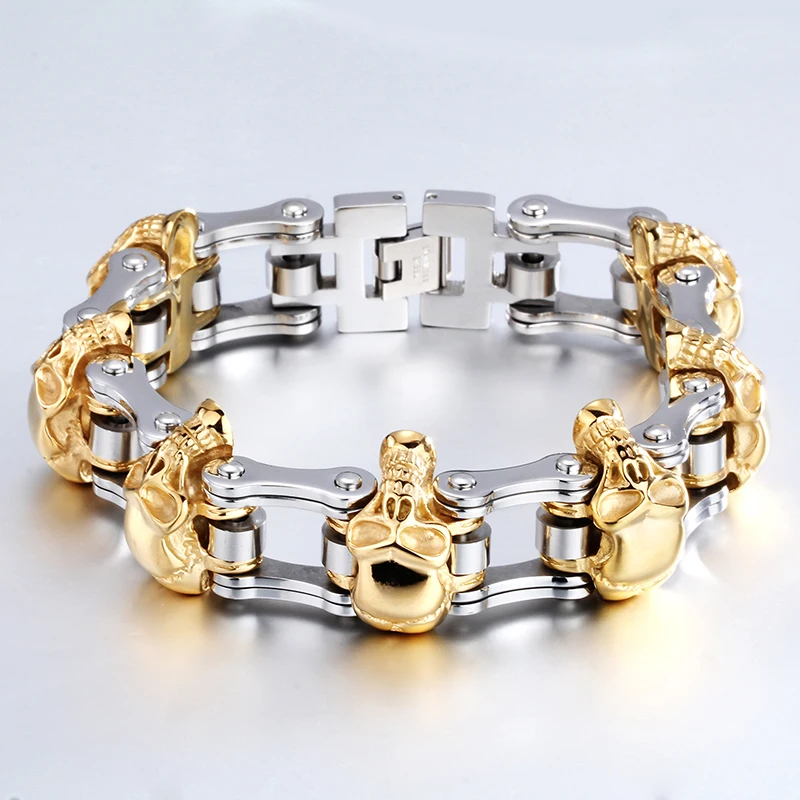 Мужской браслет из нержавеющей стали золотистый Байкерский с черепом аксессуар