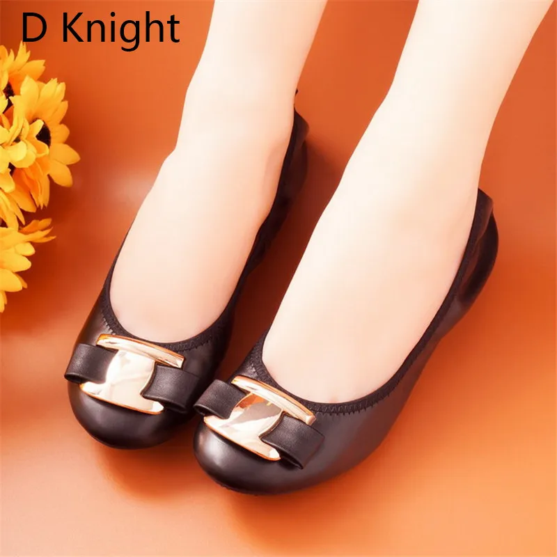 2023 New Women Flat Loafers Shoes Slip-on Bow Metal Decoration Casual Ballet Flat Genuine Leather Women Ballerina Shoes Big Size