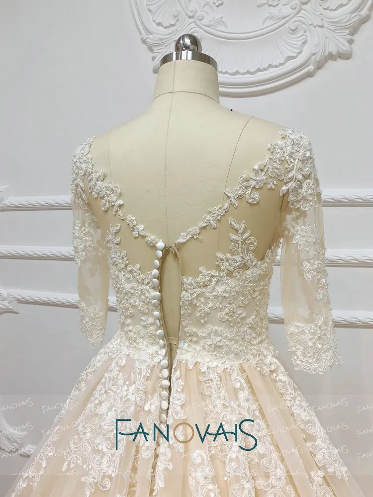 Champagne Wedding Dresses Long Sleeves Ball Gown Vintage Lace Gowns Vestido De Novia Plus Size Robe Mariee Pearls | Свадьбы и
