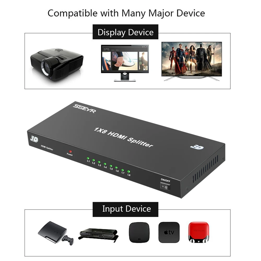1x8 HDMI разделитель тер 1080P 8 портов разделение видео 1 в выход для Full HD и 3D