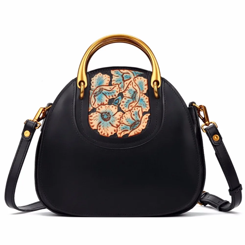 Женская сумка на плечо из натуральной кожи с гравировкой в виде цветов