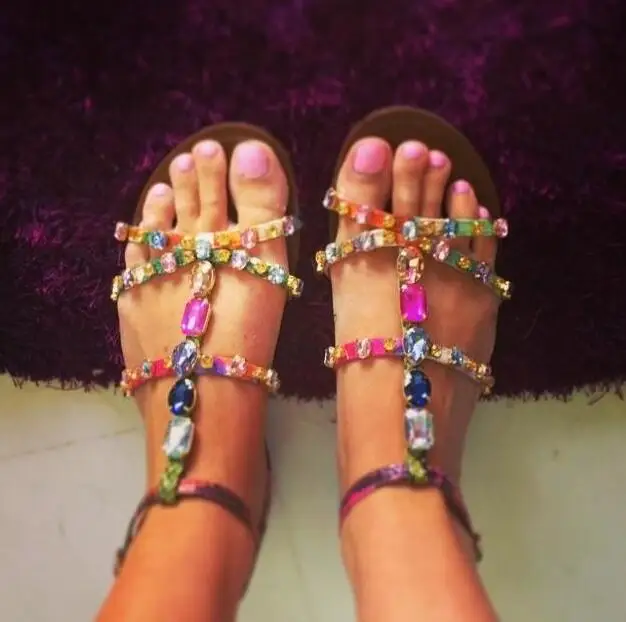 2018 мульти Цвет Кристалл Для женщин без каблука Сандалии для девочек смешанные