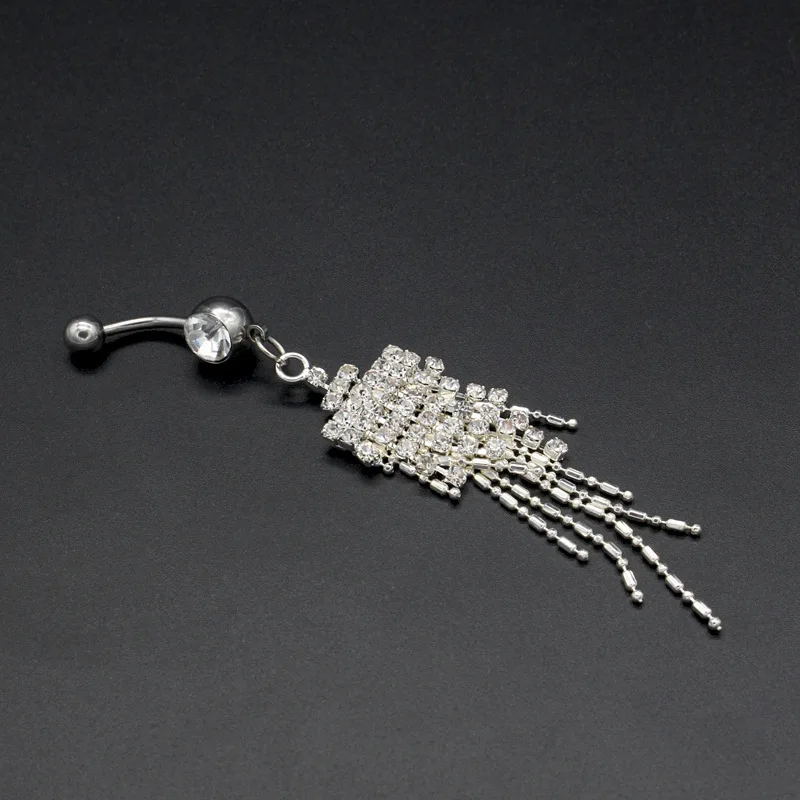 Стильное посеребренное кольцо для пупка с кисточкой и кристаллами пирсинга