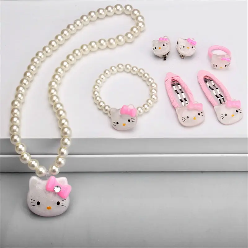 Детский набор аксессуаров для волос hello kitty, ювелирные изделия, 1 комплект = 7 шт., ювелирные аксессуары, ожерелье, браслет, шпилька, высокое качество, JQ01