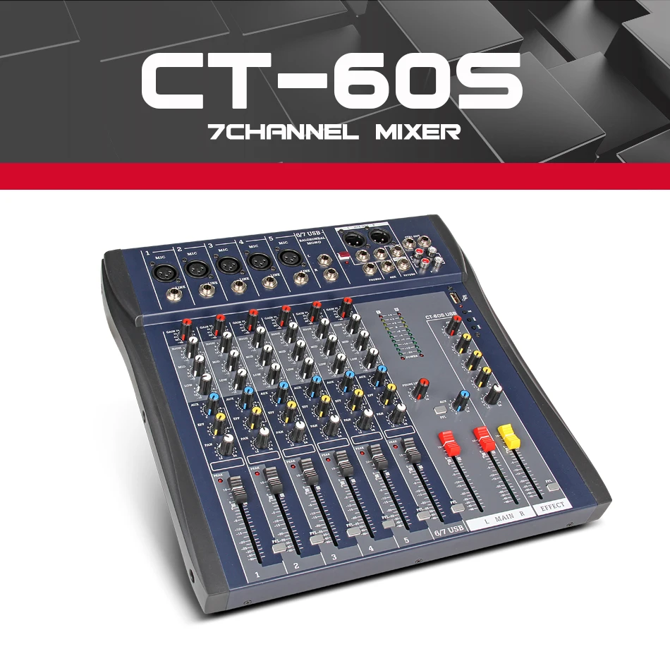 Xtuga CT60S-USB 7 Каналы линия для микрофона Аудио смеситель микшерный пульт USB XLR Сделано в Китае Вход 3-полосный 48В Мощность с Мощность адаптер