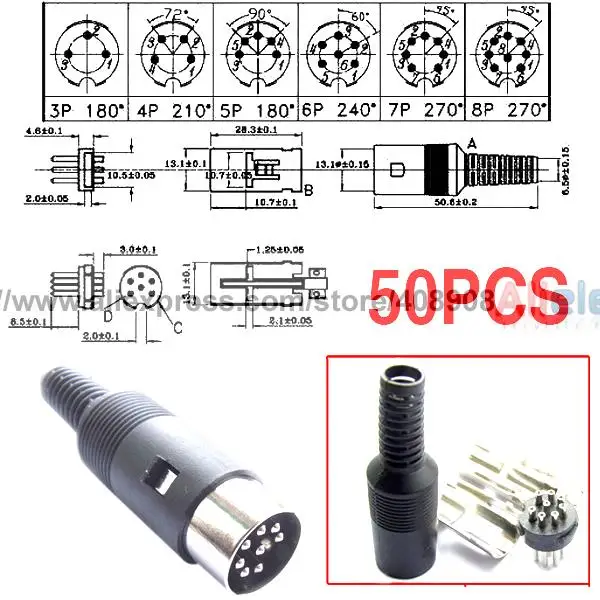 50 шт. 3 Pin/4 Pin DIN разъем/5 разъем/6 Pin/7 Pin/8 Кабельный разъем DIY|connector diy|connector 8pindin plug connector
