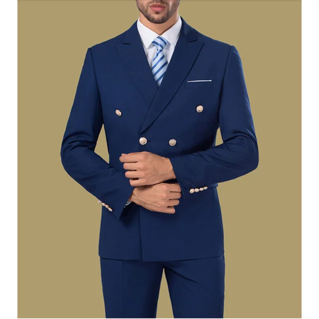 Double Breasted Mens Navy Blue Suits High Quality Custom Made Mens Grooming Party Suits 2 Pieces Slim Fit Suits Jacket Pants