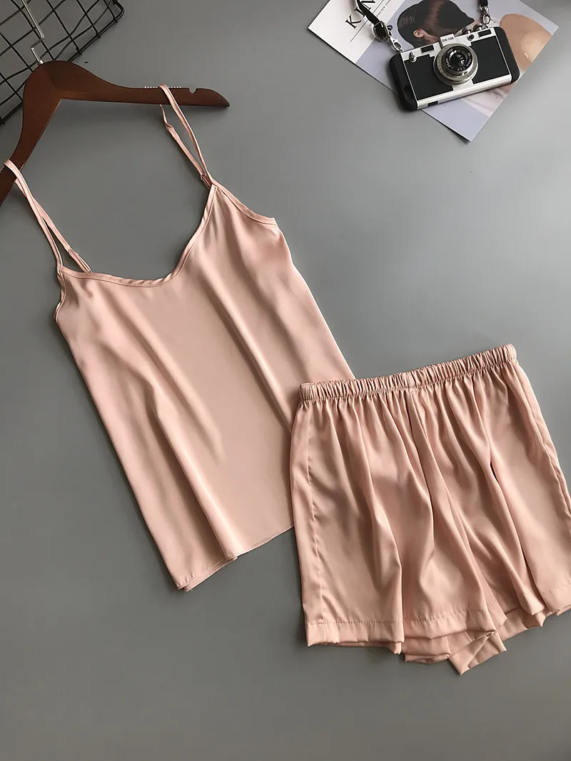 Freshing летний ледяной шелк Twinset корейская мода сплошной цвет сексуальный пижамный комплект Женский Летний жилет шорты костюм белье