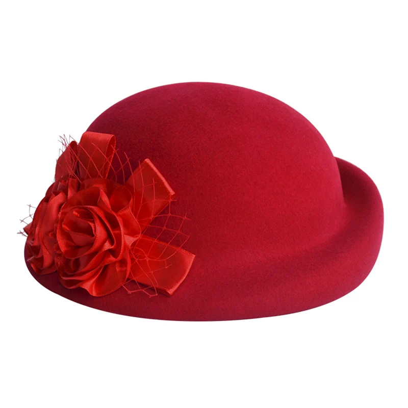 Красный Женская шерстяная шляпа Fedoras с цветочным узором для девочек, шерстяная женская шапка для бассейна, милая Повседневная шерстяная шапка в рыбацком стиле, регулируемая B-8728 - Цвет: Красный