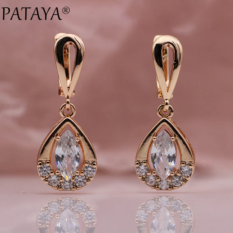 white PATAYA, новинка 585, модные, розовое золото, AB, капля воды, натуральный циркон, длинные висячие серьги для женщин, свадебные милые серьги, ювелирное изделие, 12 цветов - Окраска металла: white