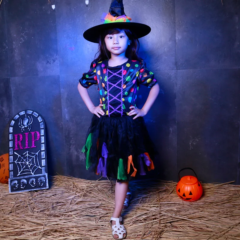 

SHICAI Colorful little witch costume Christmas Party Dress Up Items Halloween Fancy cosplay Dress child costume Free Shipping