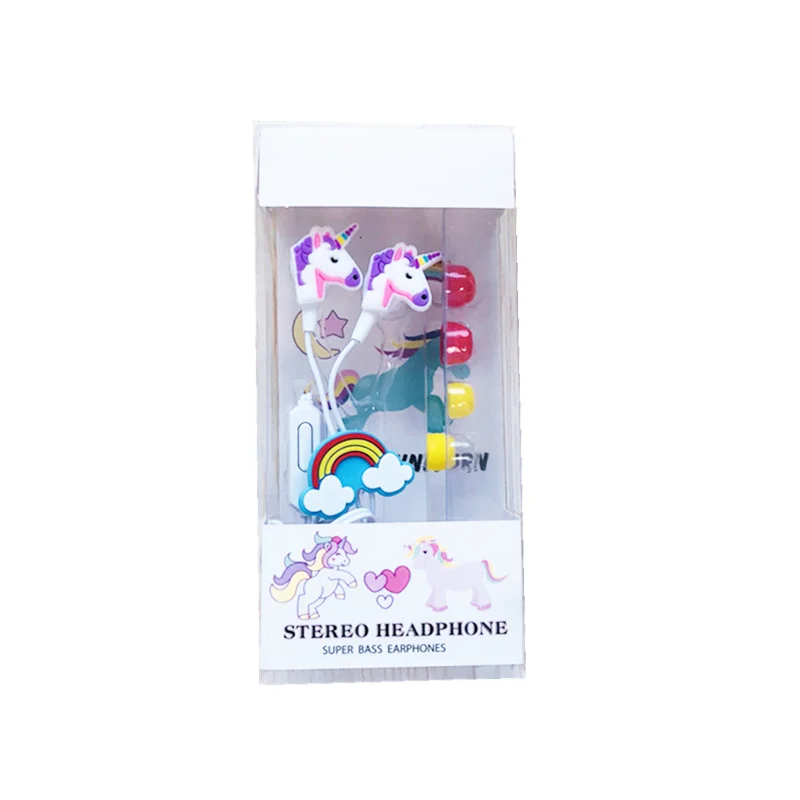 Purple earbuds box Милые Мультяшные наушники с единорогами, разноцветные наушники-вкладыши с радужной лошадкой, наушники-вкладыши с микрофоном для смартфонов Xiaomi, девочек, подарки для детей - Цвет: Purple earbuds box