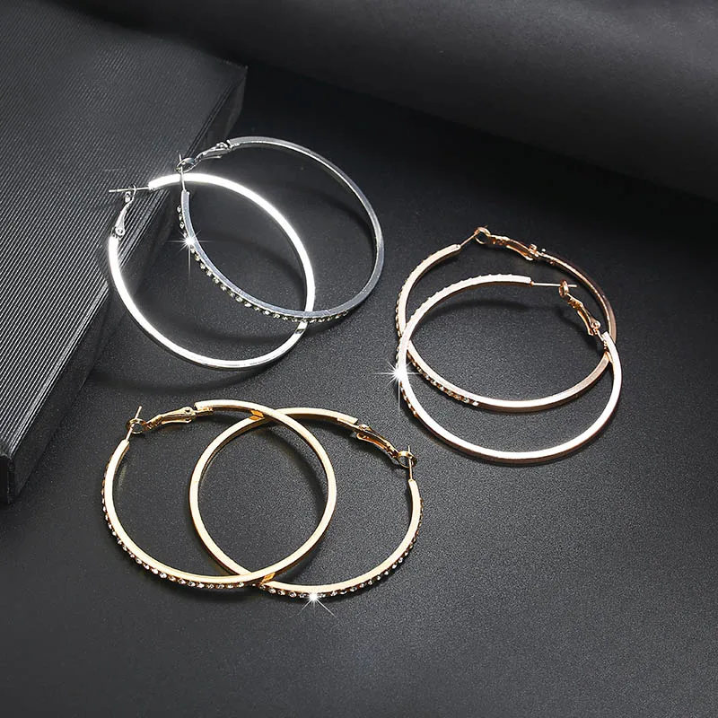 Women's Fashion Hoop Earrings with Rhinestone Circle Design - Simple and Elegant Big Circle Gold Color Loop Earrings image 5