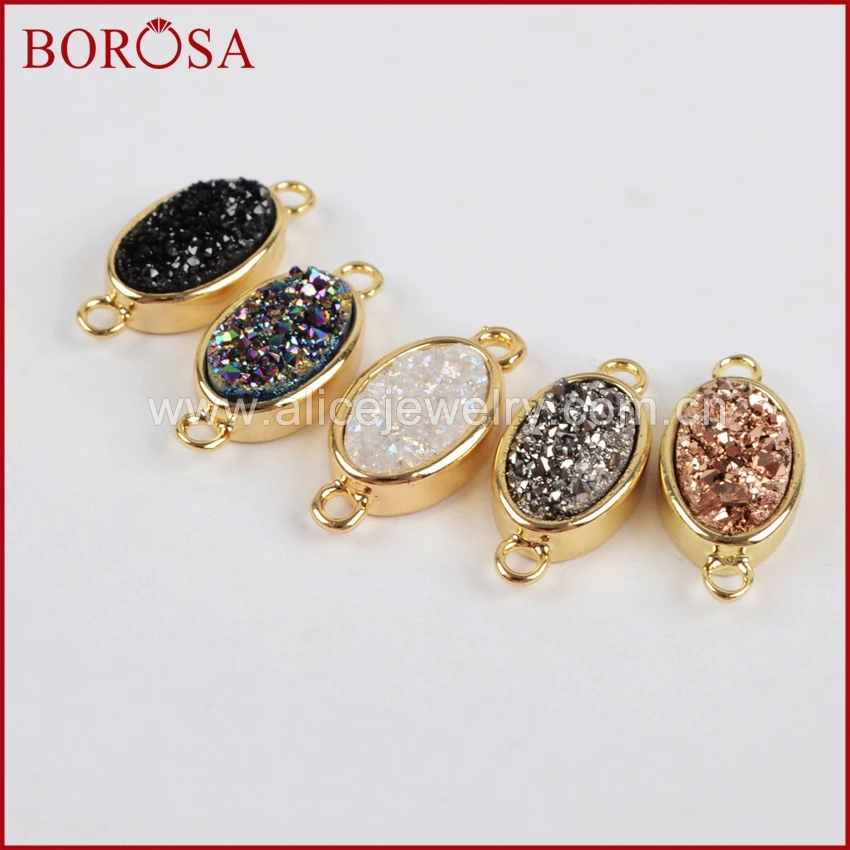 BOROSA Oval Gold Bezel Natural Stone Titanium Rainbow Druzy Connector Double Bails Drusy Necklace Making ZG0142 | Украшения и