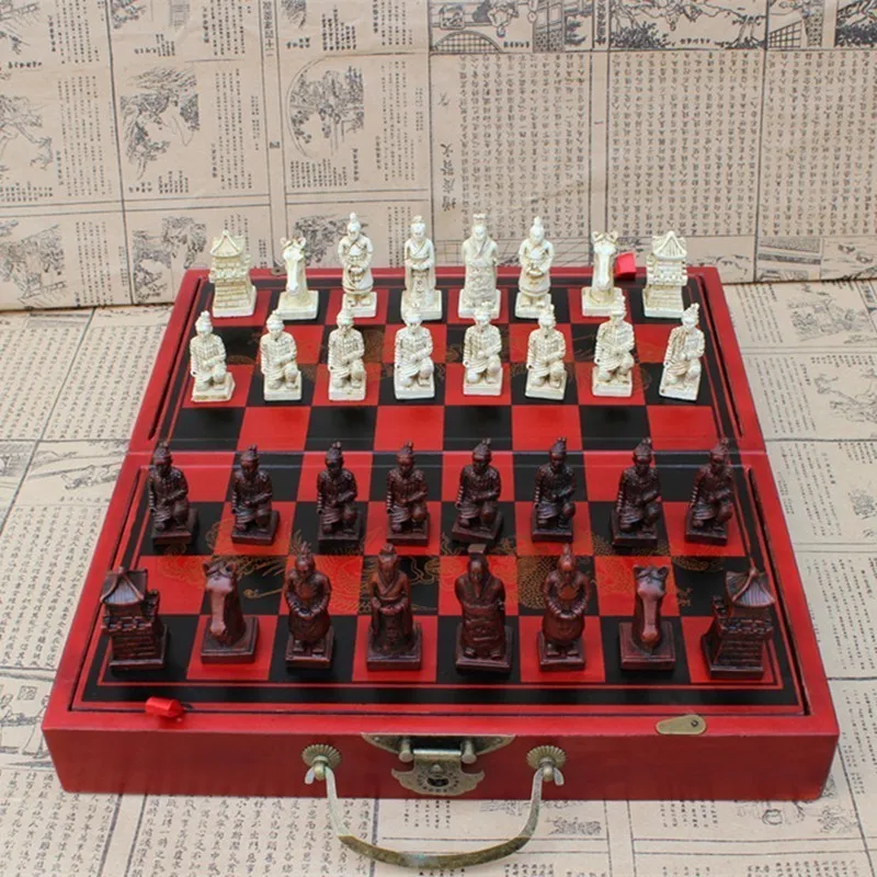 

New Antique Chess Medium Terracotta Chess Pieces Antique Wooden Folding Chessboard Three-dimensional Character Easytoday