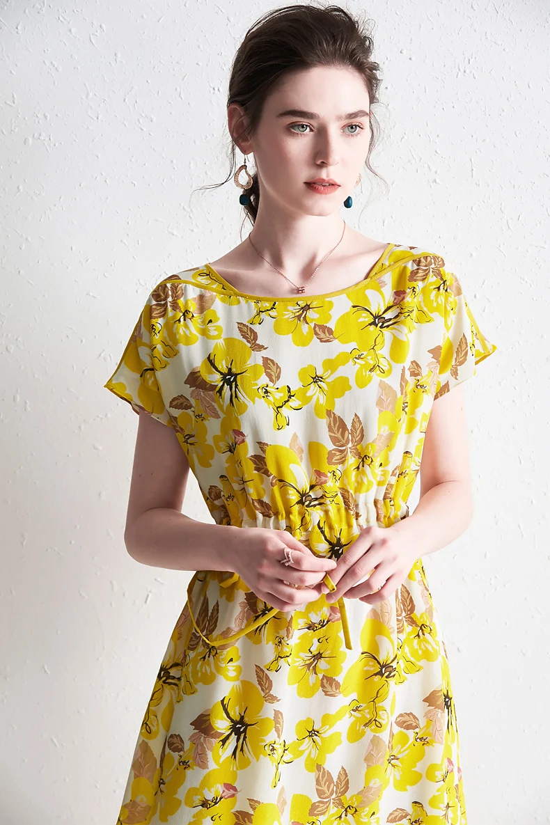 

100% Silk Women's Runway Dresses O Neck Short Sleeves Lace Up Waist Floral Printed Fashion Summer Dresses